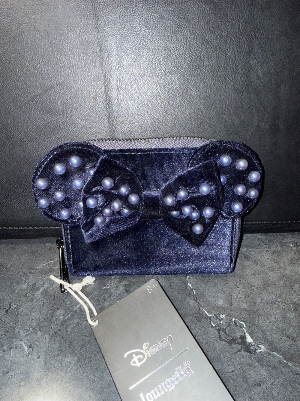 Loungefly Velvet Pearl Bow Mini Wallet in Navy